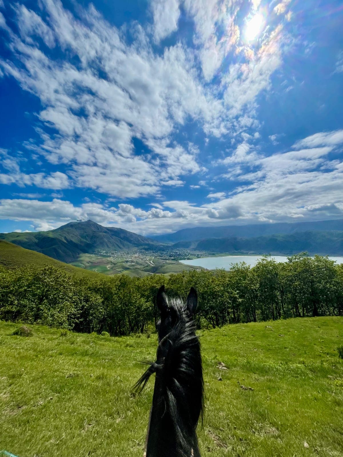 Vista desde el caballo durante la cabalgata, con el Dique La Angostura y los cerros verdes al frente